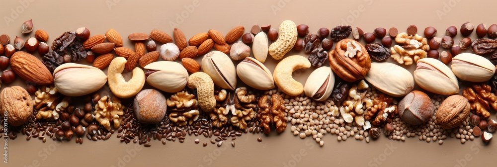 Variety of nuts displayed on a neutral background with generous space for creative text placement