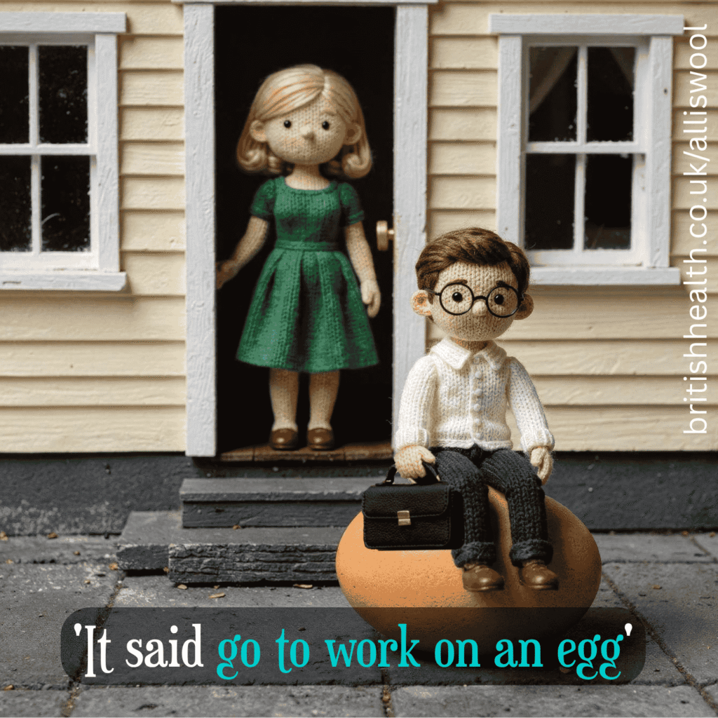 knitted characters, man is sitting on an egg, woman is standing at front door