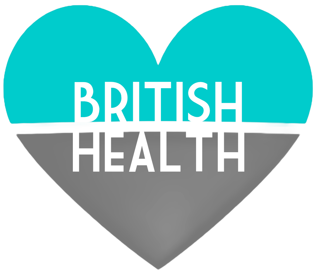 teal and grey heart shape with the words BRITISH HEALTH