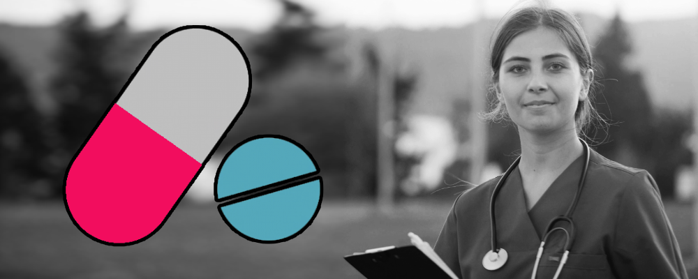 monochrome doctor with pills