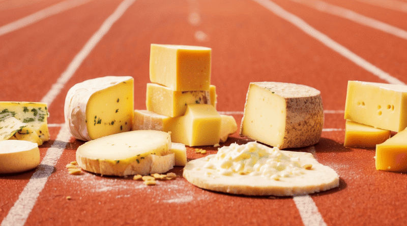 different cheeses lined up on a racing track
