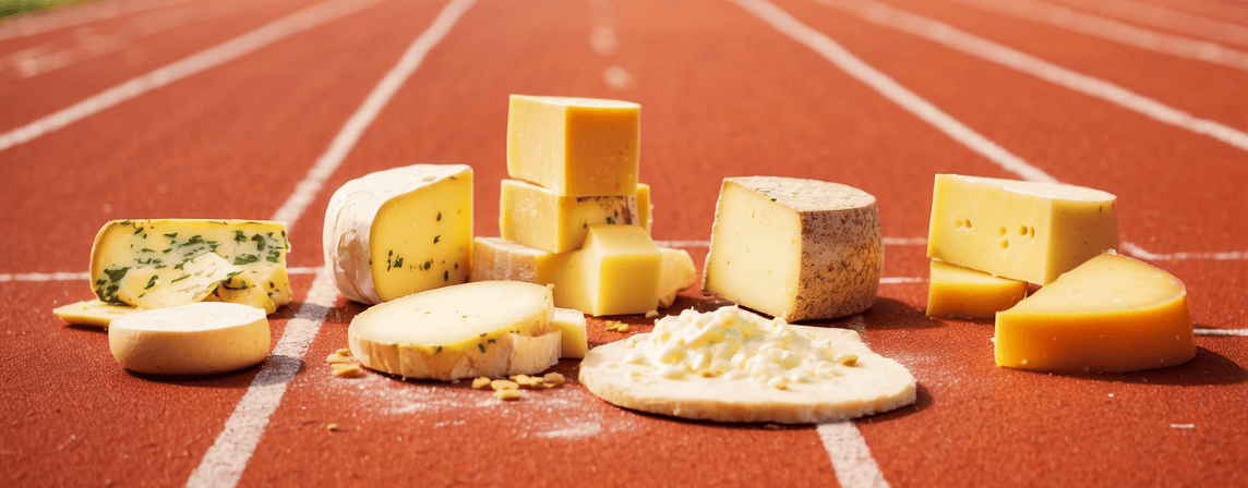 different cheeses lined up on a racing track