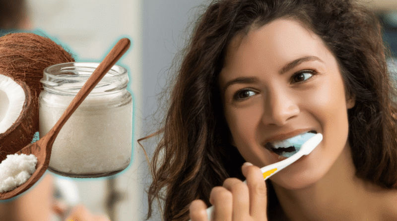 woman brushing her teeth with coconut oil