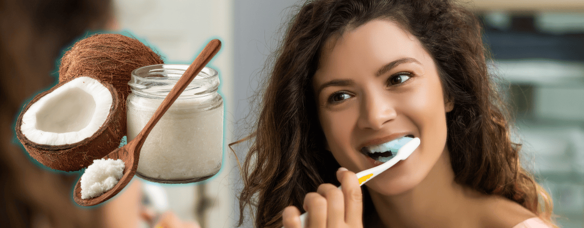 woman brushing her teeth with coconut oil