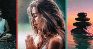 A man and a woman meditating plus a stack of balanced pebbles at sunset
