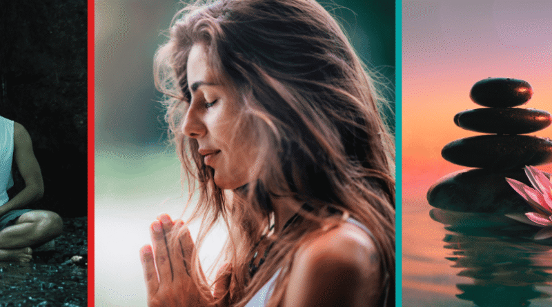 A man and a woman meditating plus a stack of balanced pebbles at sunset