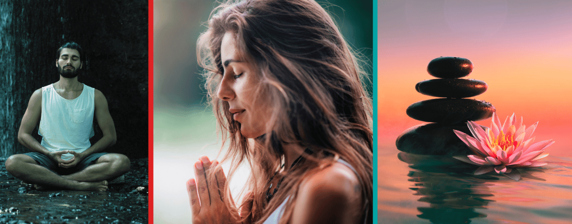 A man and a woman meditating plus a stack of balanced pebbles at sunset