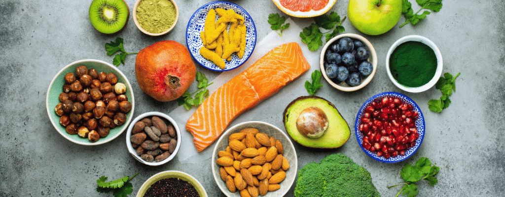 various superfoods such as spinach, blueberries and salmon