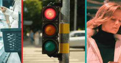a supermarket, a traffic light and a woman looking at label