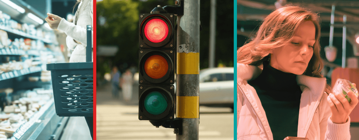 a supermarket, a traffic light and a woman looking at label