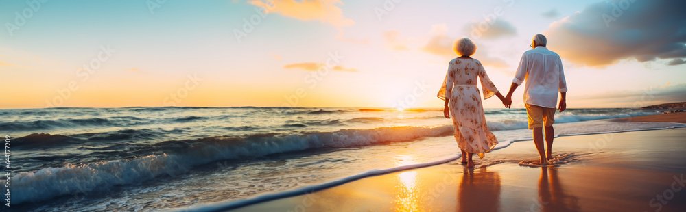 Senior couple walking along a beach in the sunset. Concept of retirement, mature love and travel. Shallow field of view with copy space.
